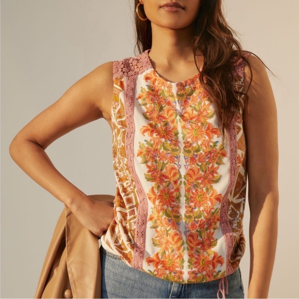 Anthropologie Tiny Embroidered Printed Shell Top